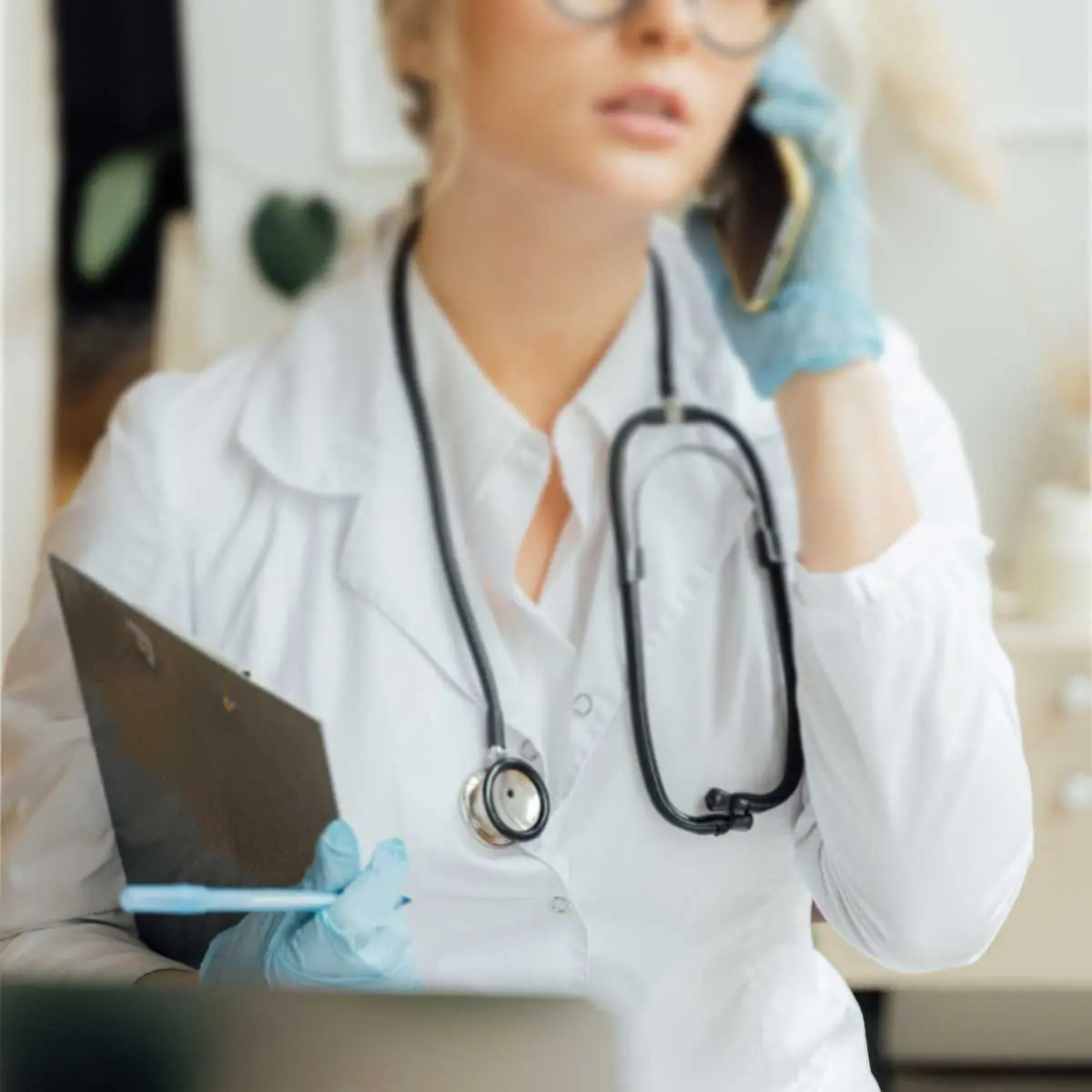 A female doctor wearing a white lab coat and surgical gloves is talking on her phone
