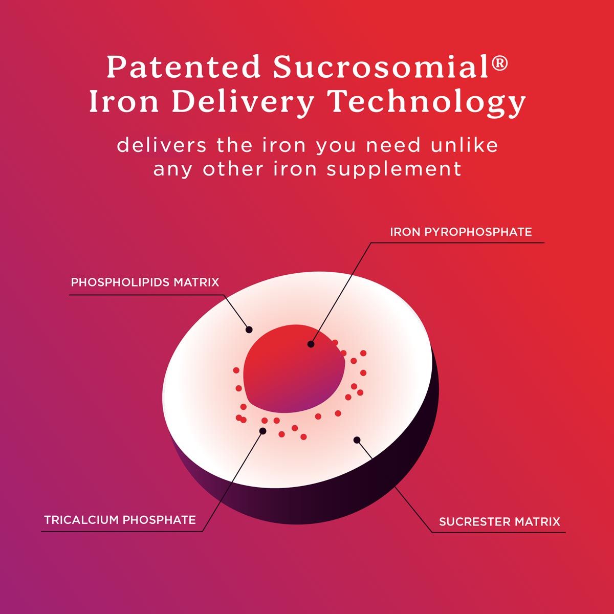 An illustration of the patented sucrosomial technology on a red and purple gradient background