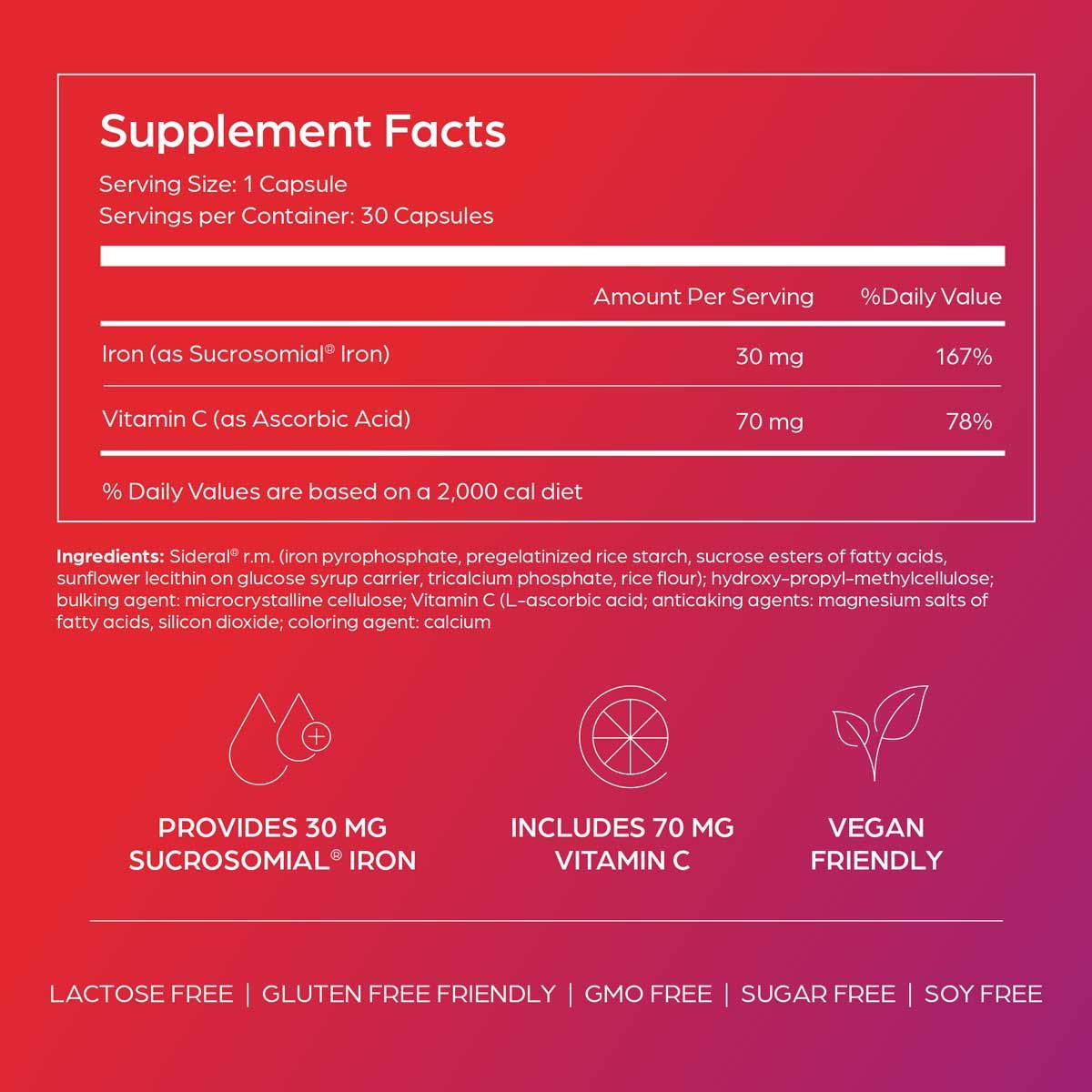 Supplement Facts for SiderAL Forte sucrosomial iron on a red and purple gradient background
