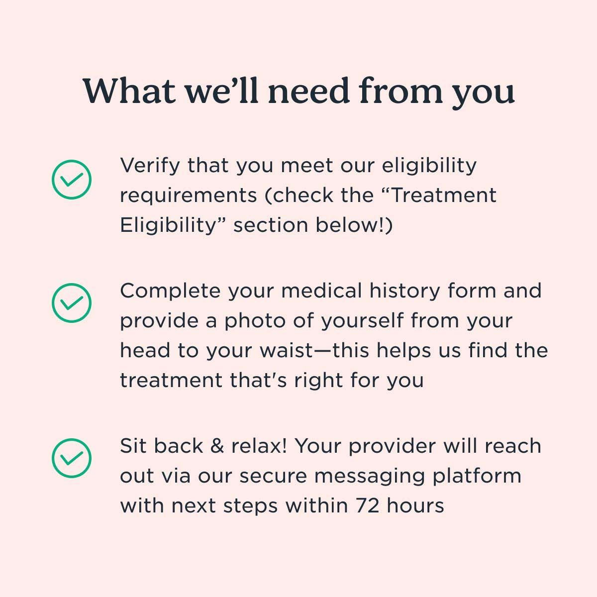 A list of what Wisp needs from a patient to complete a weight care consult